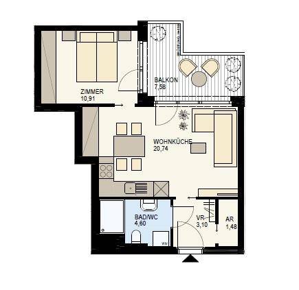 Grundriss einer Wohnung mit einem Schlafzimmer, Wohnküche und Balkon.