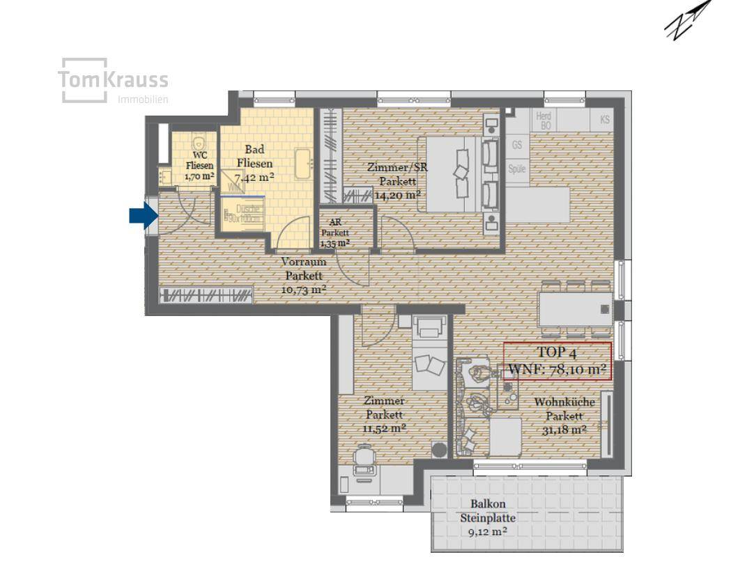 Detaillierter Grundriss einer Wohnung mit Wohnküche, zwei Zimmern und Balkon.