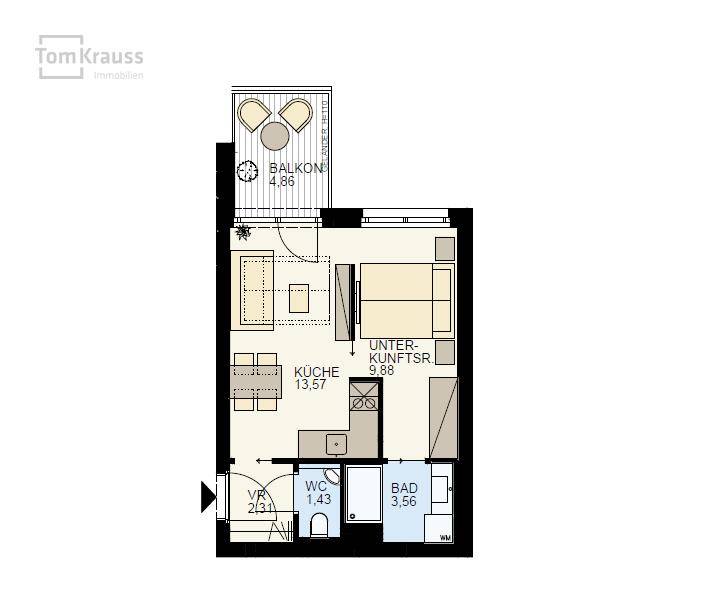 Grundriss einer kleinen Wohnung mit Balkon, Küche, Bad und separatem WC.