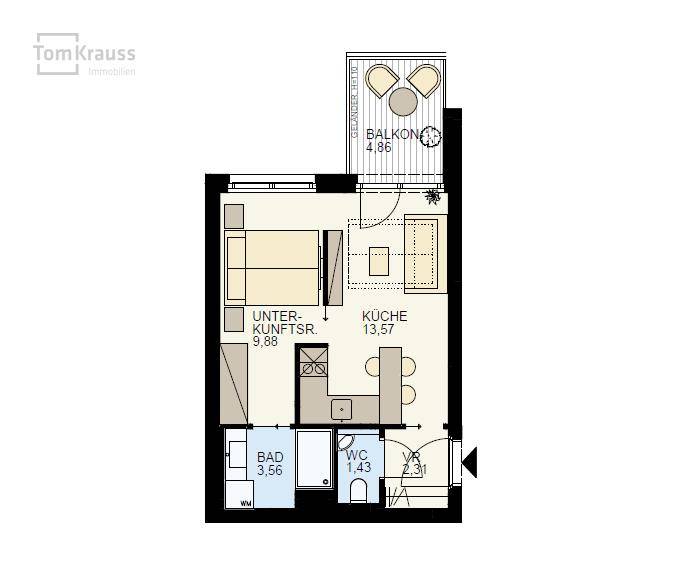 Grundriss einer kleinen Wohnung mit Balkon, Küche, Bad und WC, übersichtlich dargestellt.