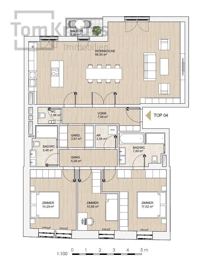 Detaillierter Grundriss einer Wohnung mit drei Zimmern, Wohnküche und Balkon.