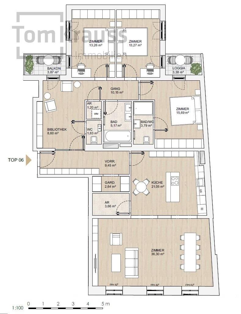 Detaillierter Grundriss einer Wohnung mit mehreren Zimmern, Balkon und Loggia.