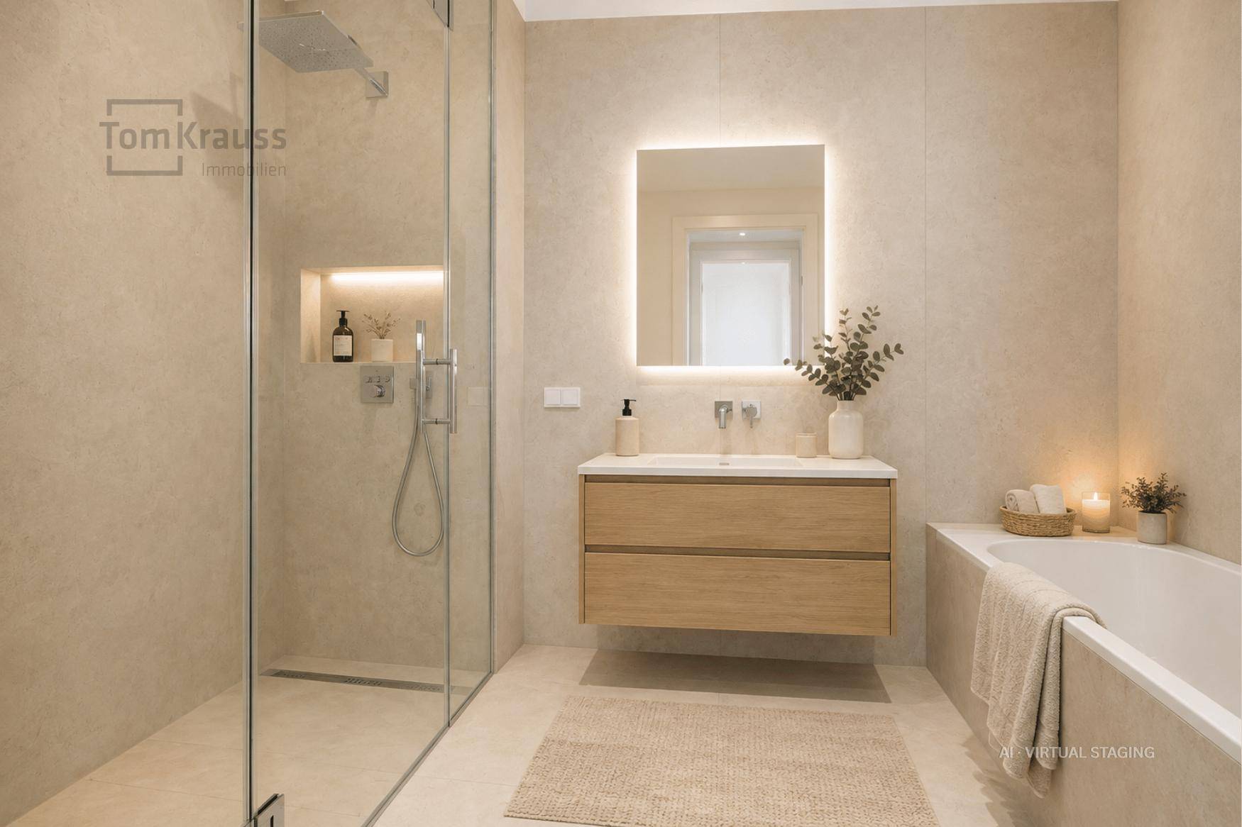 Modernes Badezimmer mit begehbarer Dusche, Badewanne und beleuchtetem Spiegelschrank.