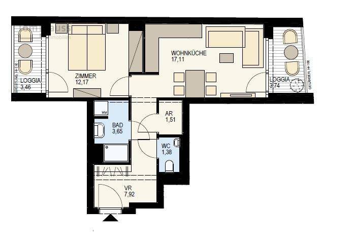 Grundriss einer Wohnung mit Wohnküche, Schlafzimmer, Bad, WC und zwei Loggien.