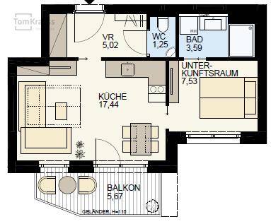 Detaillierter Grundriss einer Wohnung mit Küche, Bad, WC, Balkon und Unterkunftsbereich.