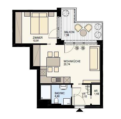 Grundriss einer Wohnung mit einem Schlafzimmer, Wohnküche, Bad und Balkon.