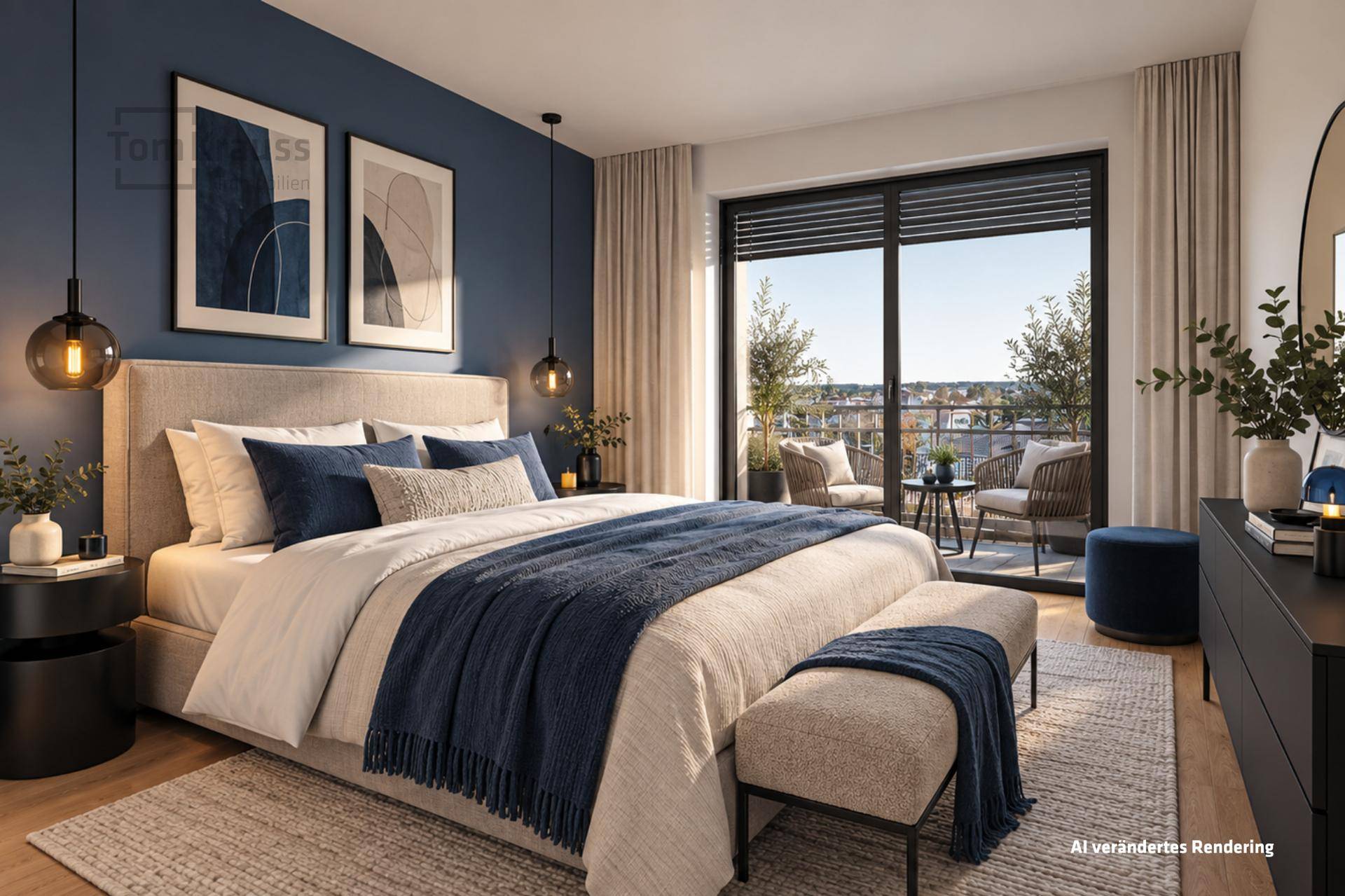 Modernes Schlafzimmer in Blautönen mit Doppelbett und Zugang zu einem Balkon.