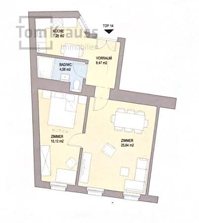 Grundriss der Wohnung mit Zimmeraufteilung, Flächenangaben und Bad/WC.
