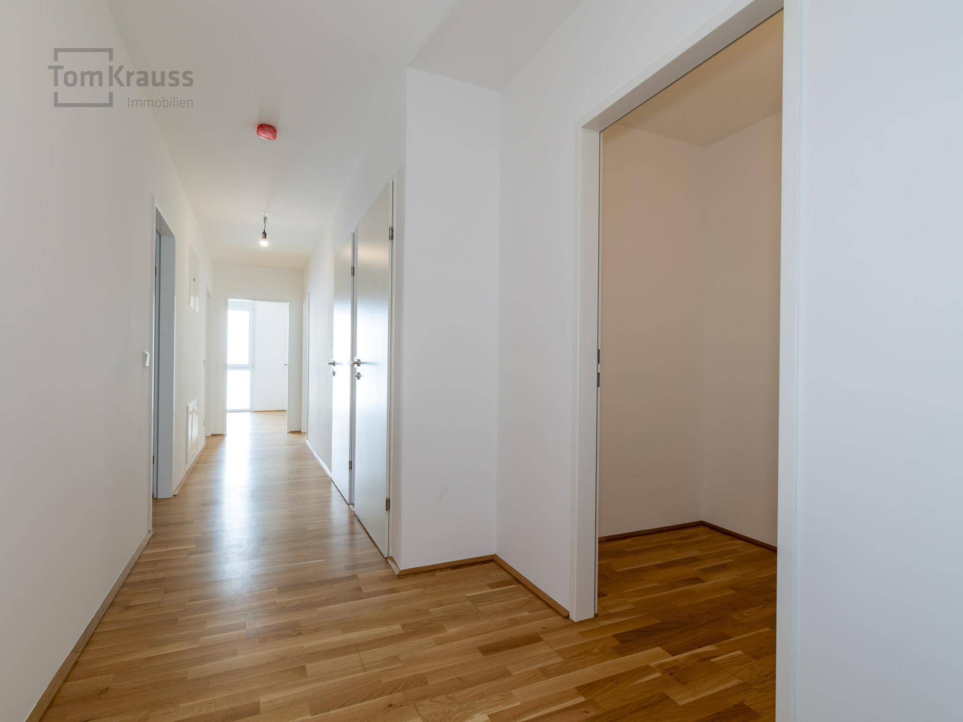 Geräumiger, heller Flur mit Parkettboden und mehreren Türen, der verschiedene Räume verbindet.
