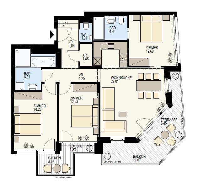 Detaillierter Grundriss mit drei Zimmern, zwei Bädern, Loggia, Balkon und Terrasse.