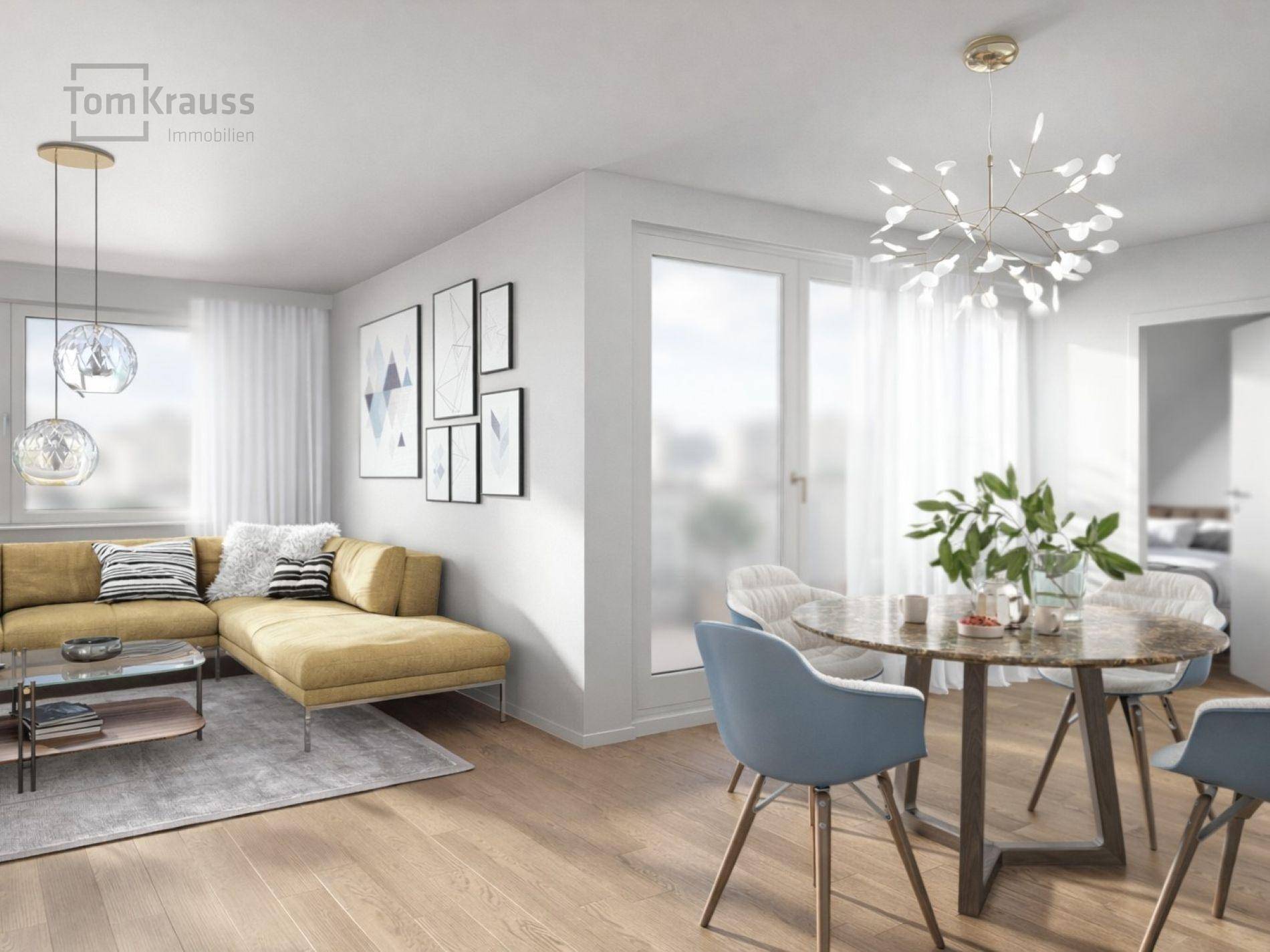 Moderner Wohn-Essbereich mit gelbem Sofa, Esstisch und großen Fenstern für viel Licht.