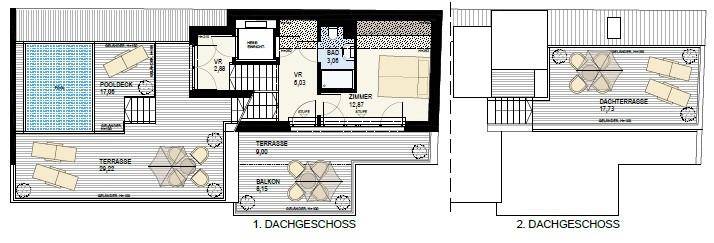 Grundriss der Dachgeschosse mit Terrassen, Pooldeck und Schlafzimmer.