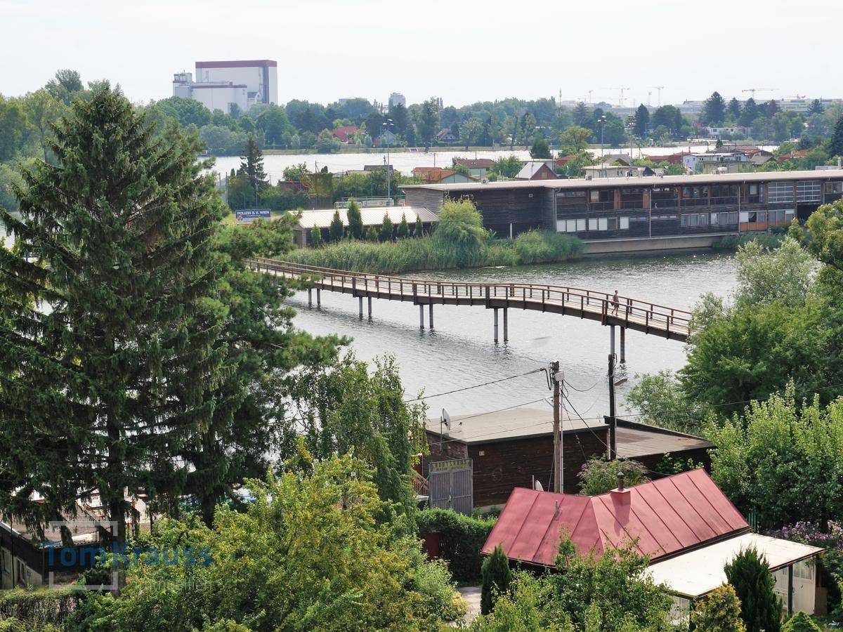 Weitläufiger Blick auf einen See mit einer Holzbrücke und umgebenden Bäumen.