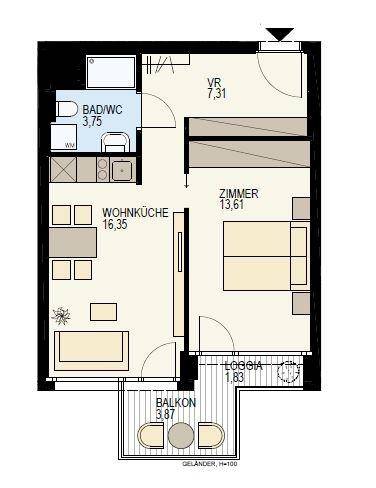Grundriss einer Wohnung mit Wohnküche, Schlafzimmer, Bad/WC, Loggia und Balkon.