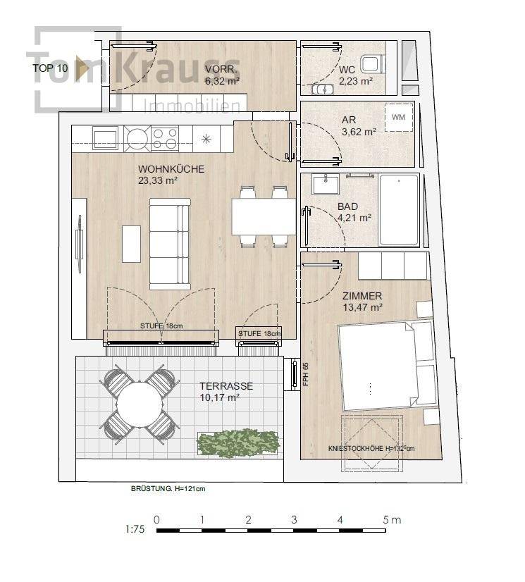 Grundriss einer Wohnung mit Wohnküche, Schlafzimmer, Bad, WC und Terrasse.