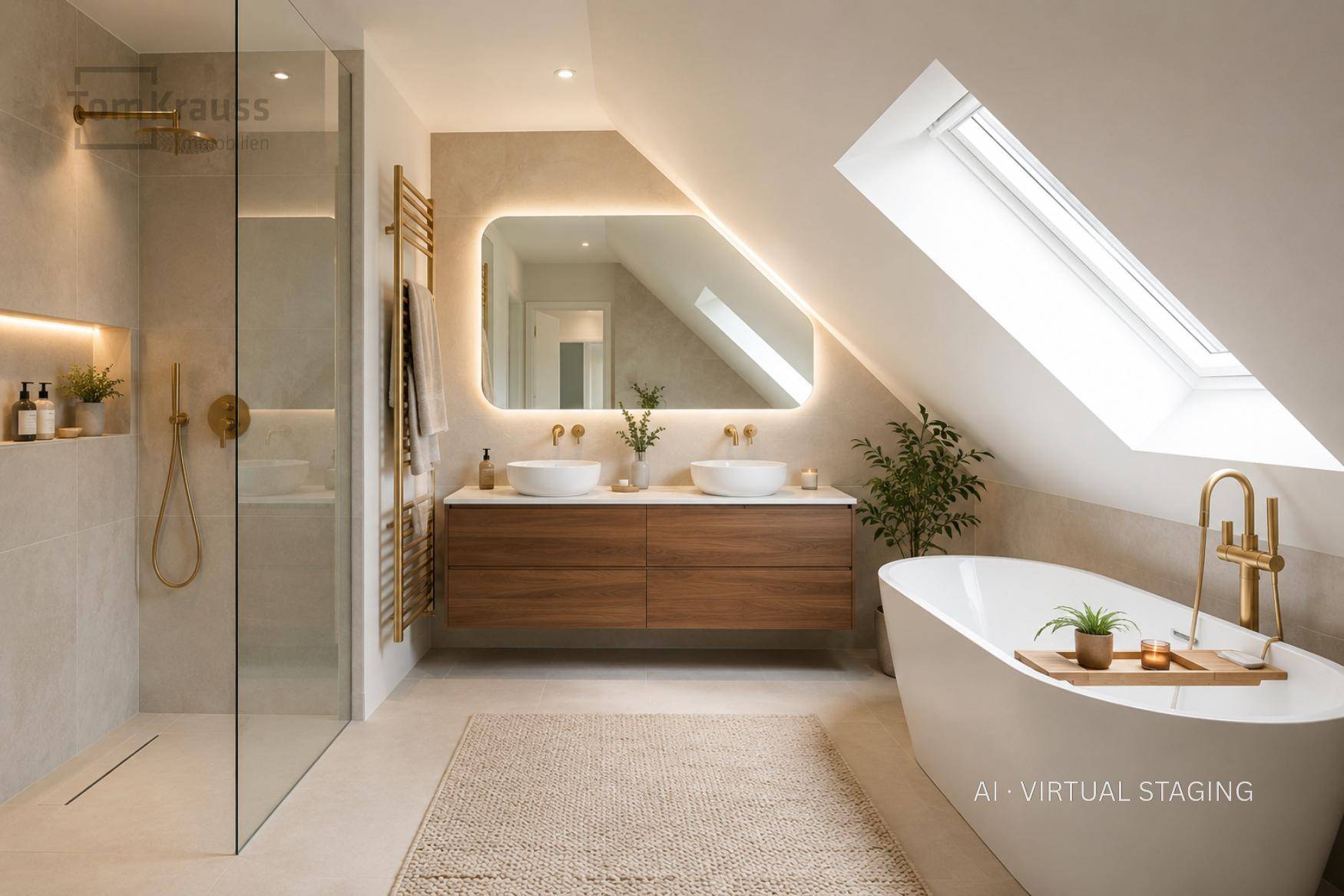 Modernes Badezimmer mit freistehender Badewanne, Doppelwaschbecken und begehbarer Dusche.