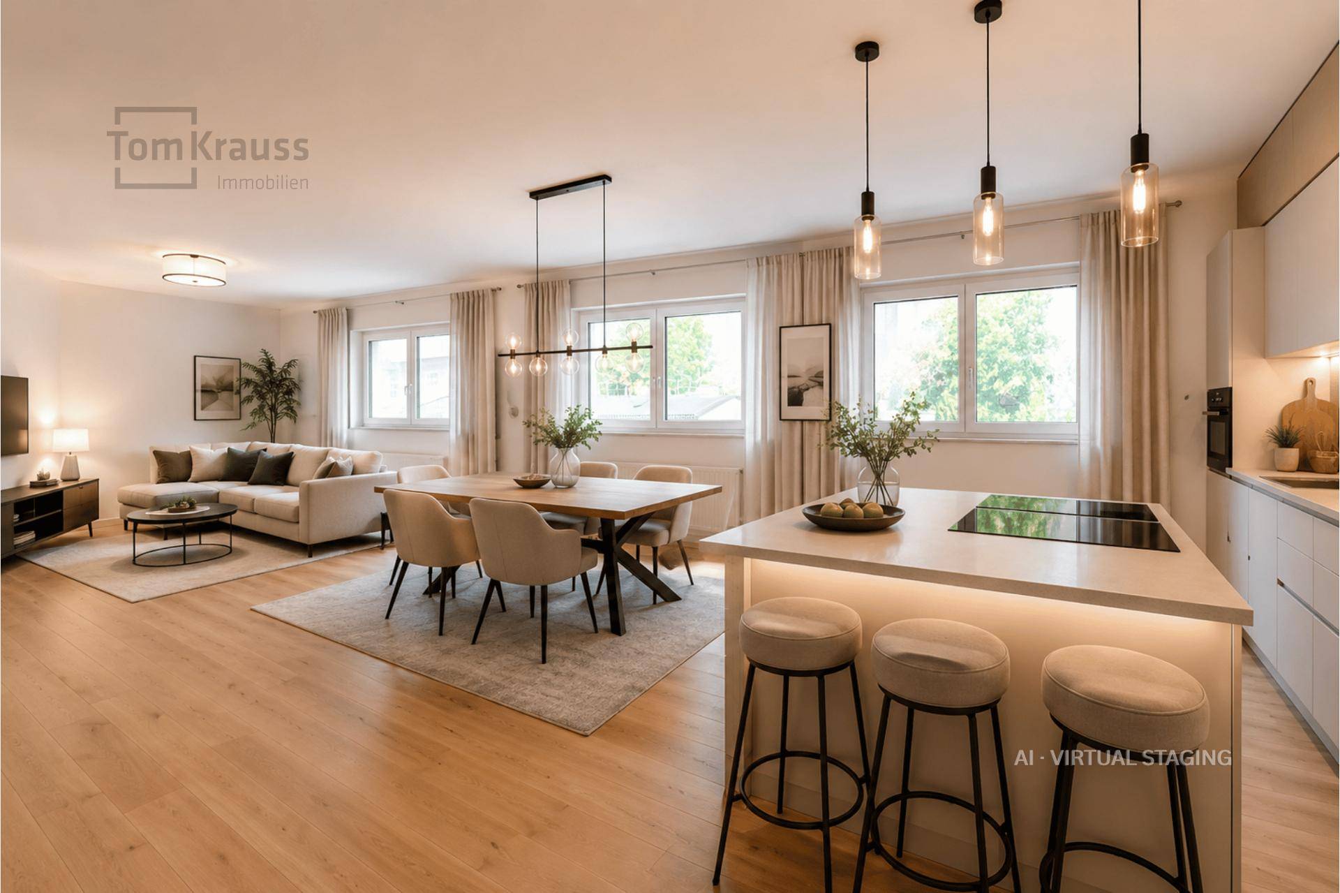 Geräumiger Wohn-Essbereich mit offener Küche, Holzboden und viel Tageslicht.