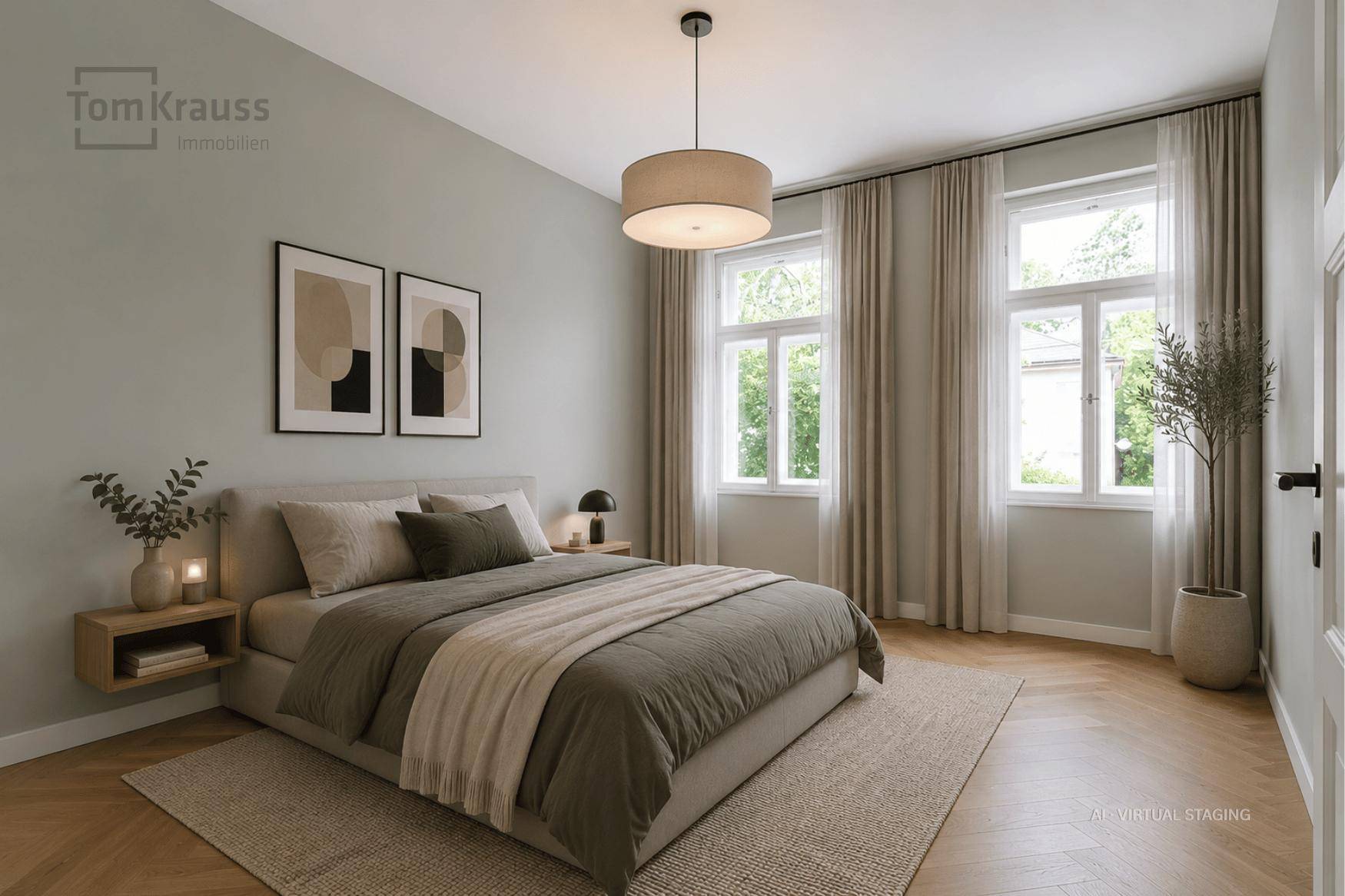 Helles Schlafzimmer mit Doppelbett, modernem Dekor und Fischgrätparkettboden.