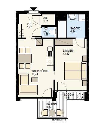 Grundriss einer Wohnung mit Wohnküche, Schlafzimmer, Bad, separatem WC, Loggia und Balkon.