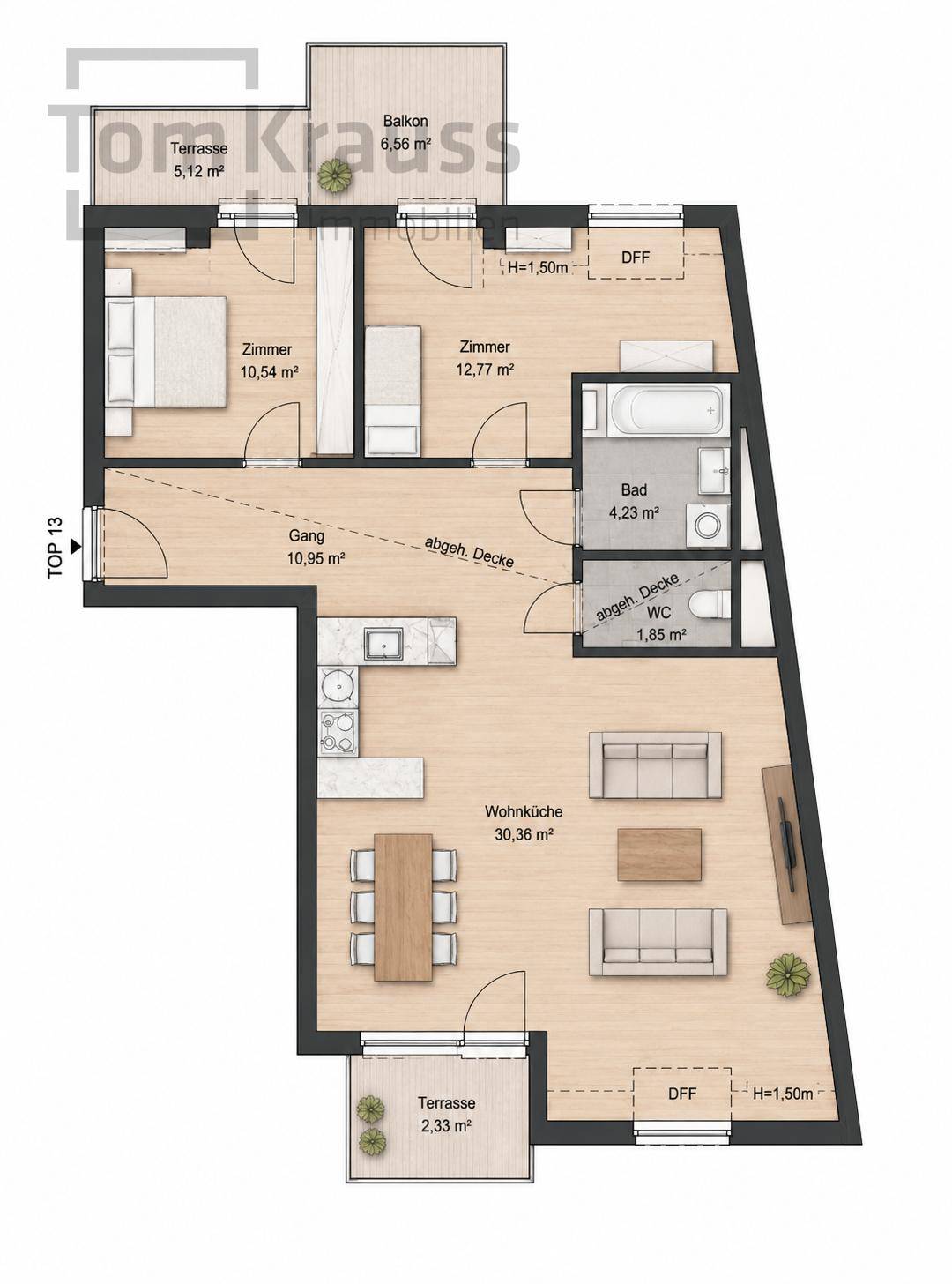 Grundriss einer Wohnung mit Wohnküche, zwei Schlafzimmern, Bad, WC und zwei Terrassen.