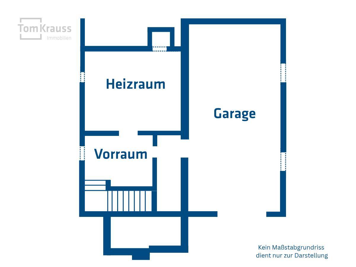 Grundriss des Untergeschosses mit Heizraum, Vorraum und großer Garage.