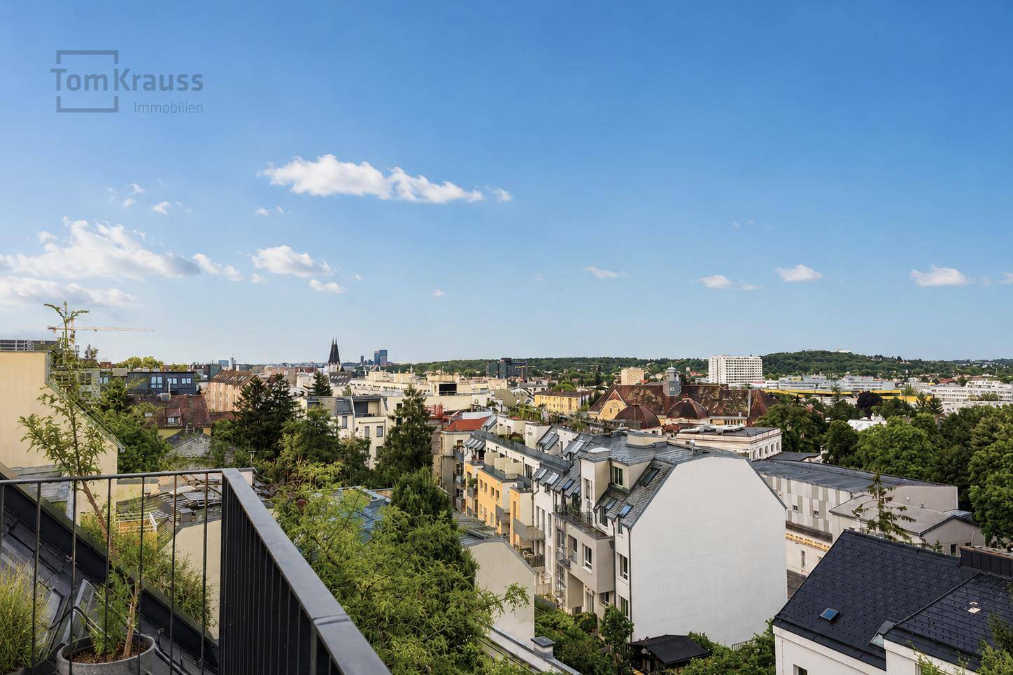 Weitläufiger Blick von einer Dachterrasse über die Stadt und die umliegende Bebauung.