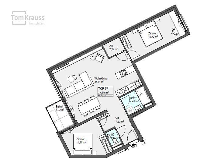 Grundriss der Wohnung TOP 07 mit Wohnküche, zwei Zimmern, Bad, WC und Balkon.