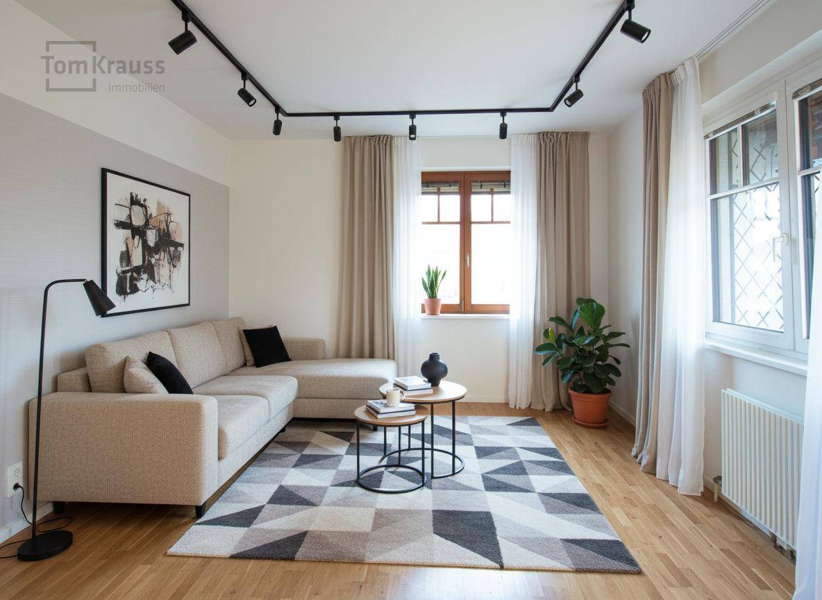 Helles Wohnzimmer mit beigem Ecksofa, modernem Teppich und Pflanzen, ausgestattet mit Parkettboden.