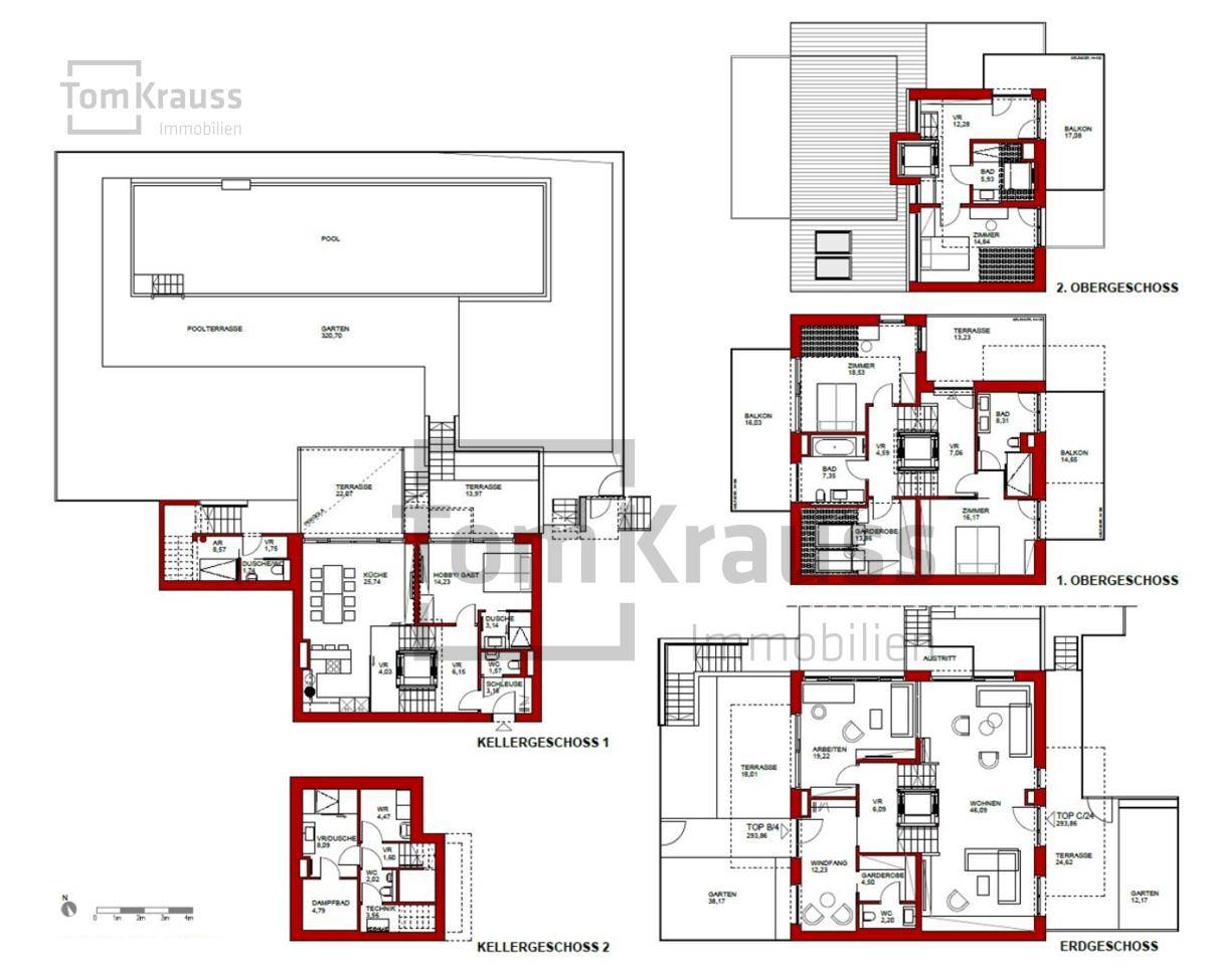 Mehrgeschossiger Grundriss mit verschiedenen Ebenen, Terrassen, Garten und Poolbereich.