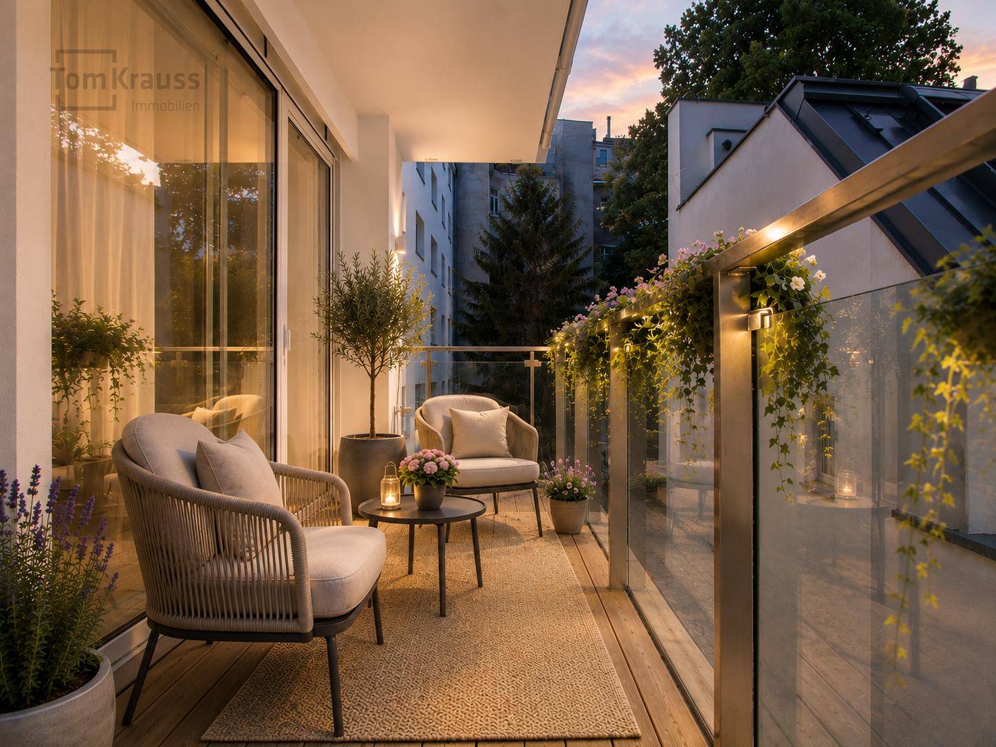Stimmungsvoller Balkon am Abend mit gemütlichen Sitzgelegenheiten, Holzboden und dezenter Beleuchtung.
