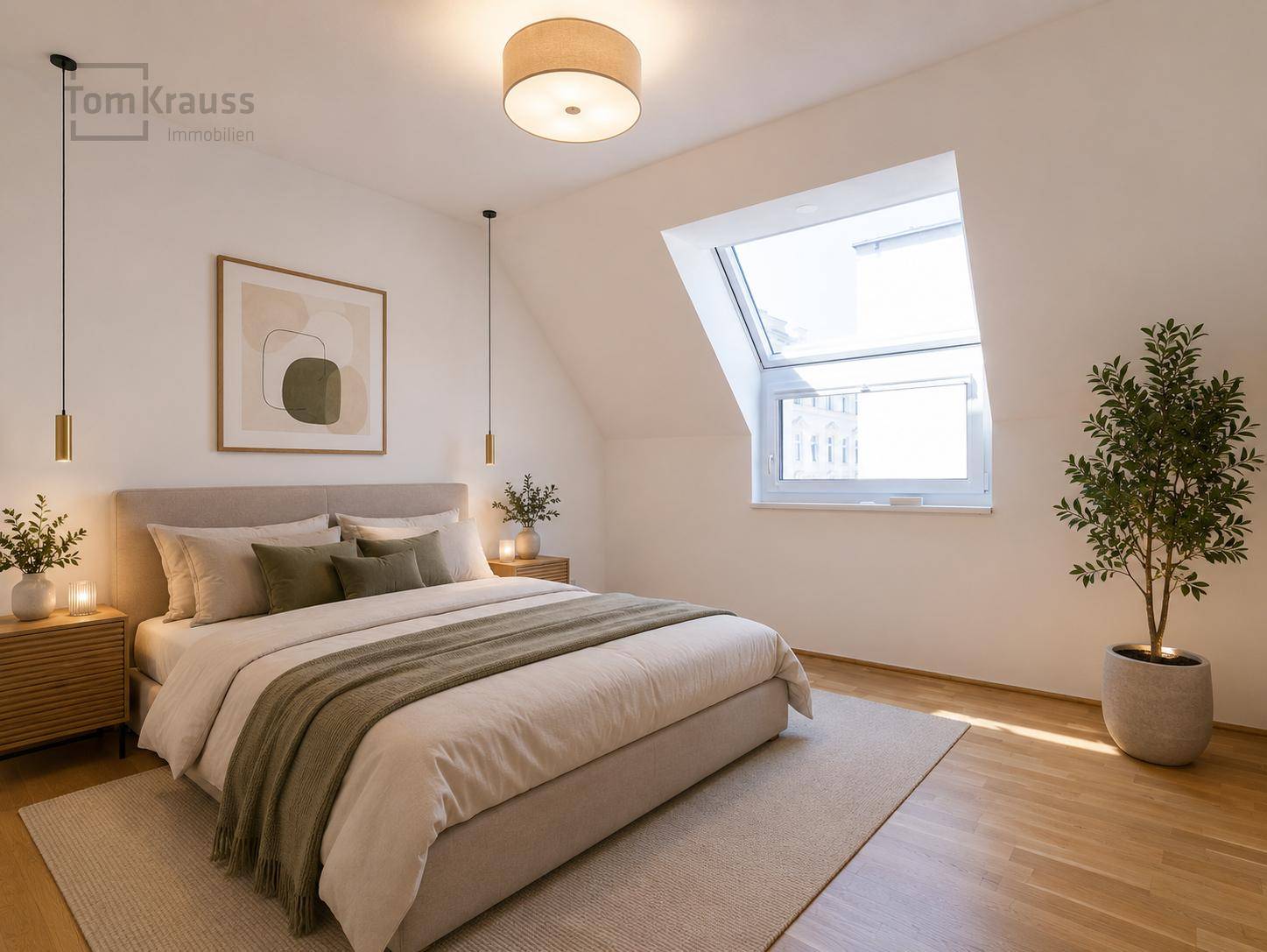 Modern eingerichtetes Schlafzimmer mit Doppelbett, Nachttischen und großem Dachfenster.
