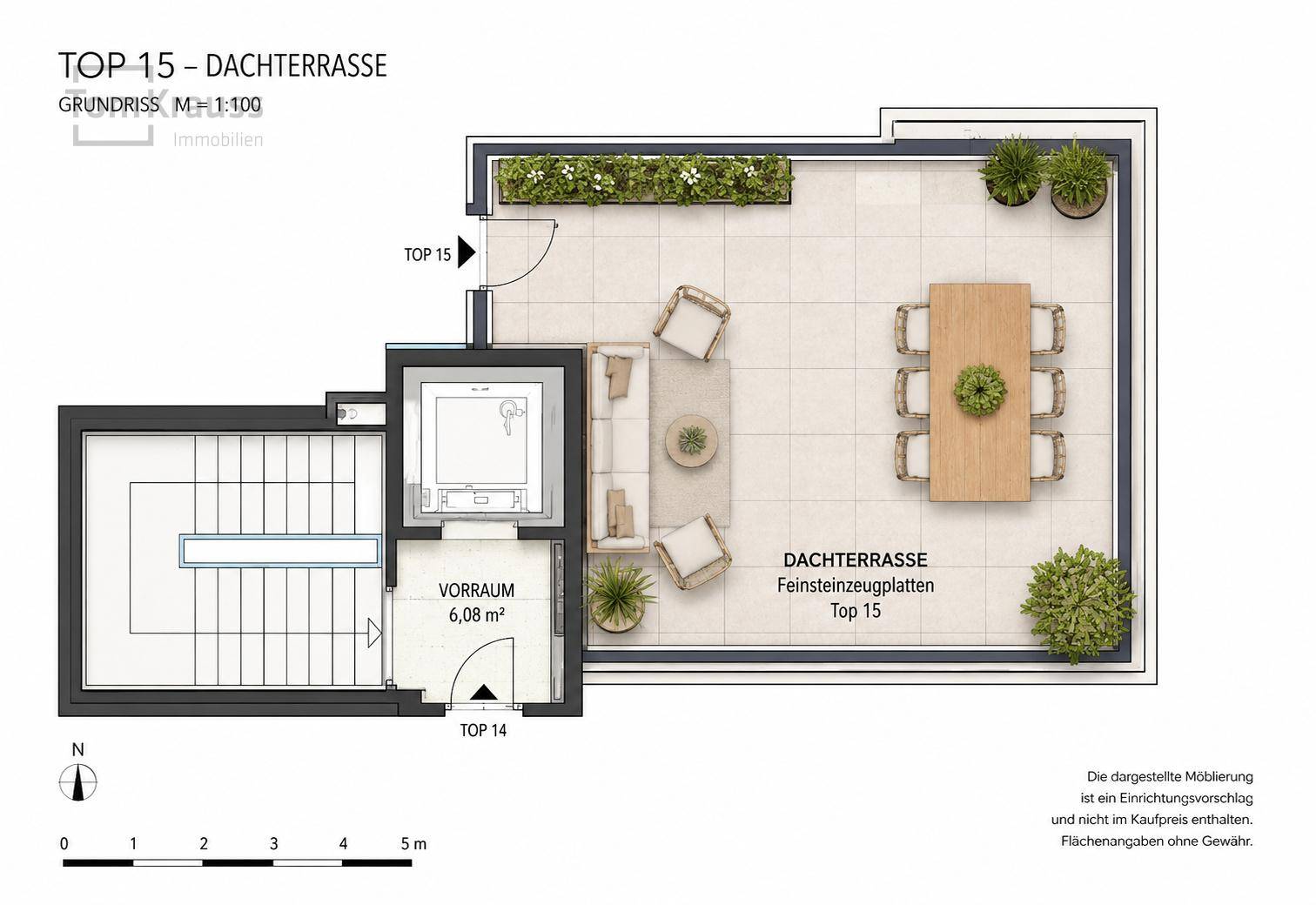 Grundriss der Dachterrasse mit Sitzgelegenheiten und Pflanzen, die einen großzügigen Außenbereich bietet.