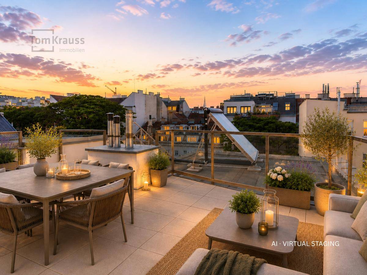 Virtuell inszenierte Dachterrasse mit Essbereich, Lounge-Möbeln und weitem Blick über die Stadt bei Sonnenuntergang.