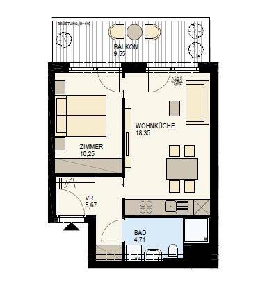 Grundriss einer Wohnung mit Wohnküche, Schlafzimmer, Bad und einem Balkon von 9,55 m².