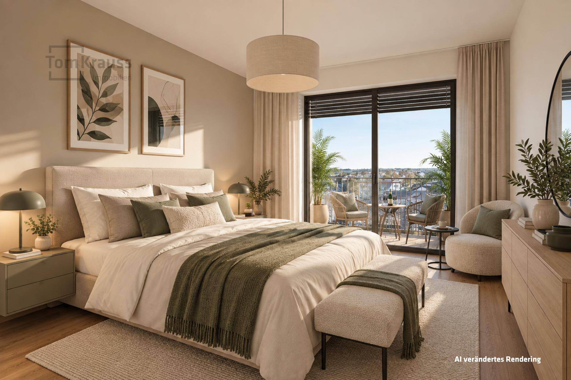 Helles Schlafzimmer mit beigen Wänden, gemütlichem Bett und Zugang zu einem Balkon.