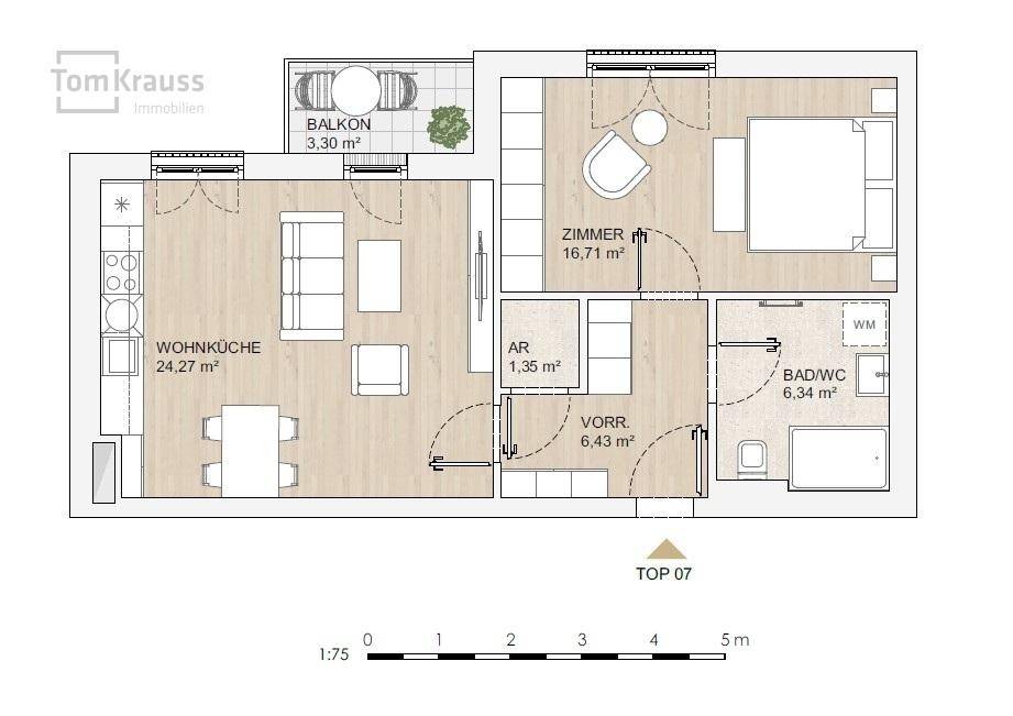 Grundriss einer Wohnung mit Wohnküche, Schlafzimmer, Bad und Balkon.