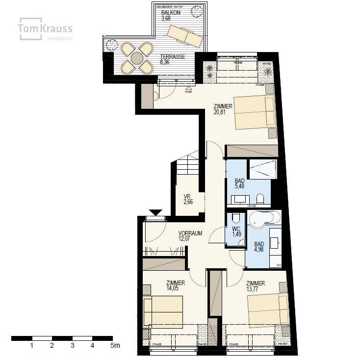 Grundriss einer Wohnung mit drei Zimmern, zwei Bädern, WC, Terrasse und Balkon.