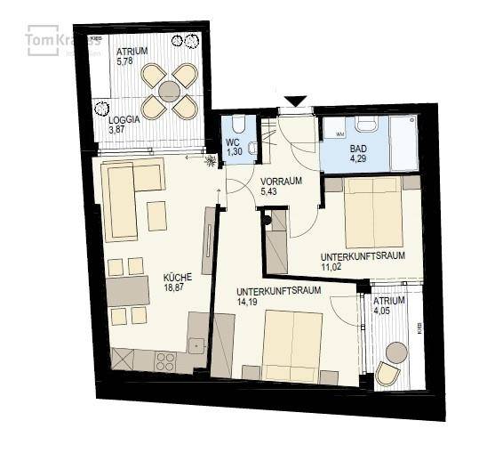 Detaillierter Grundriss einer Wohnung mit Atrium, Loggia, Küche und zwei Unterkunftsräumen.
