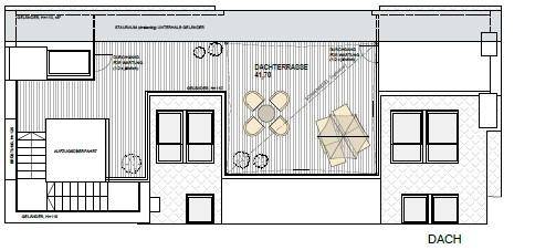 Grundriss der Dachterrasse mit Sitzbereich und Sonnenschirm.