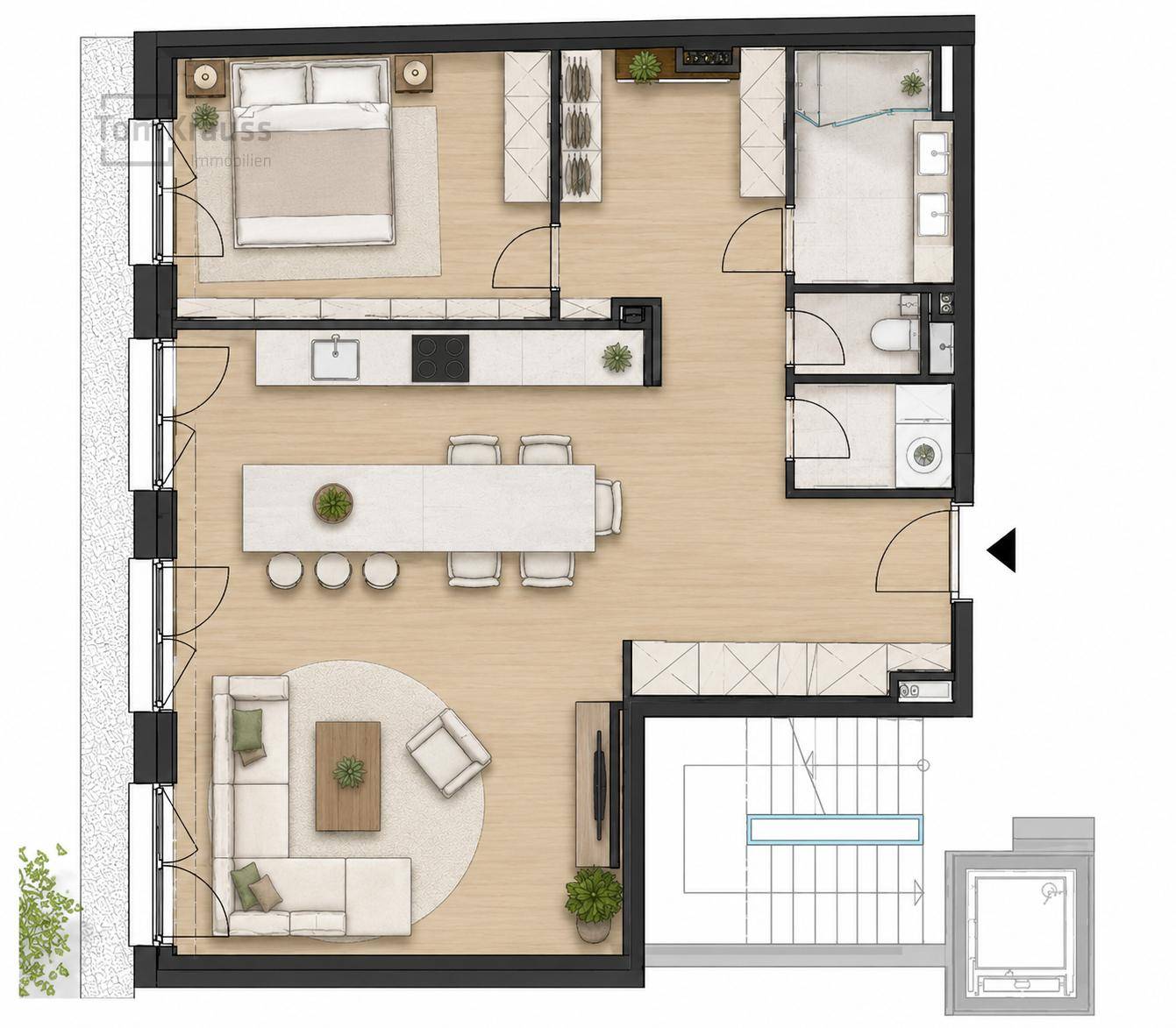 Grundriss einer Wohnung mit offenem Wohnbereich, Schlafzimmer und Badezimmer.
