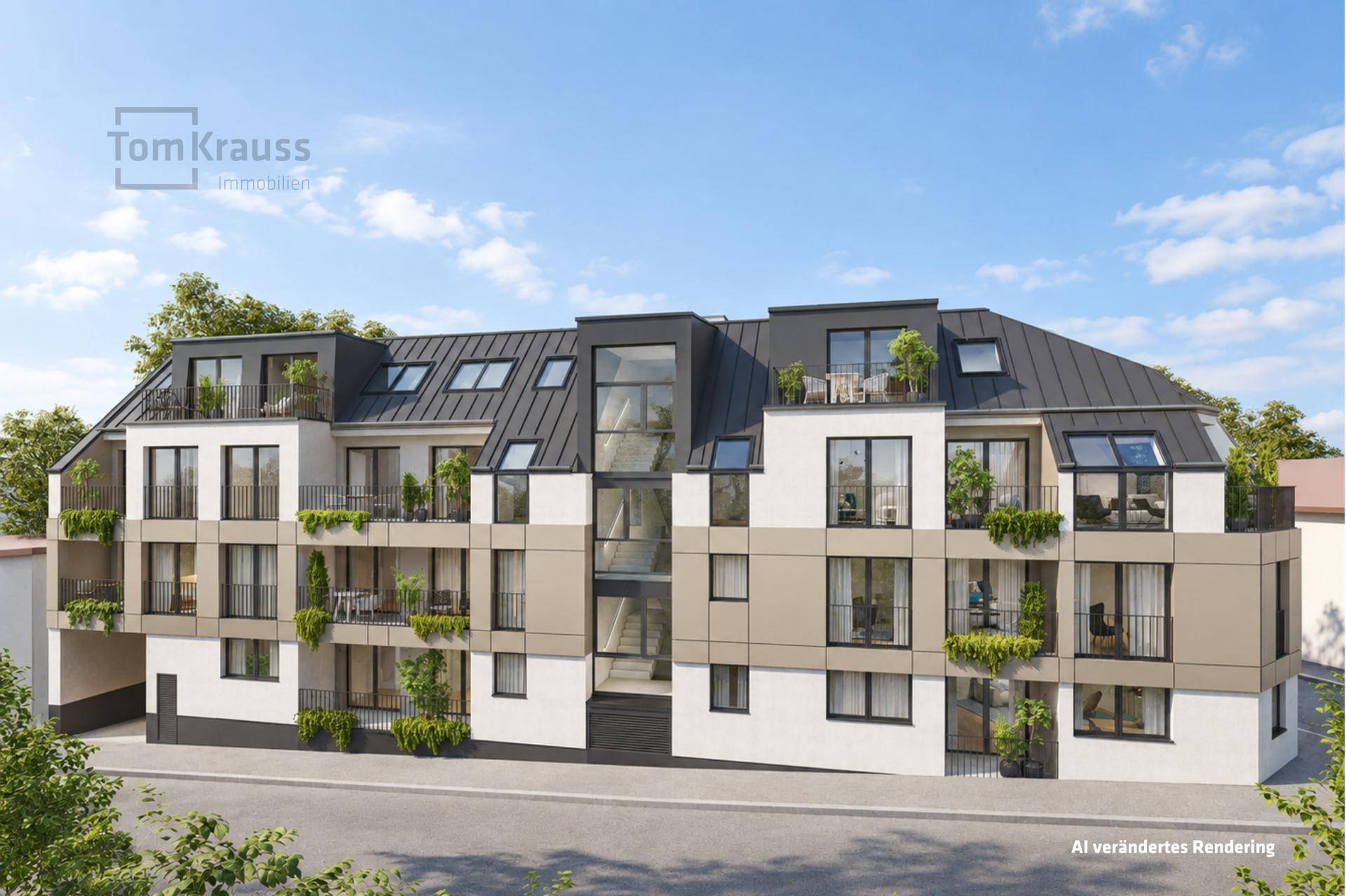 Moderne Architektur eines Mehrfamilienhauses mit Balkonen und Dachschrägen bei Tageslicht.