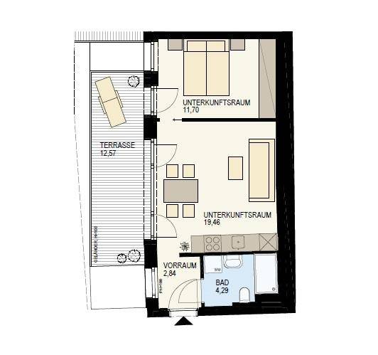 Grundriss einer Wohnung mit zwei Zimmern, Bad und großer Terrasse, übersichtlich dargestellt.