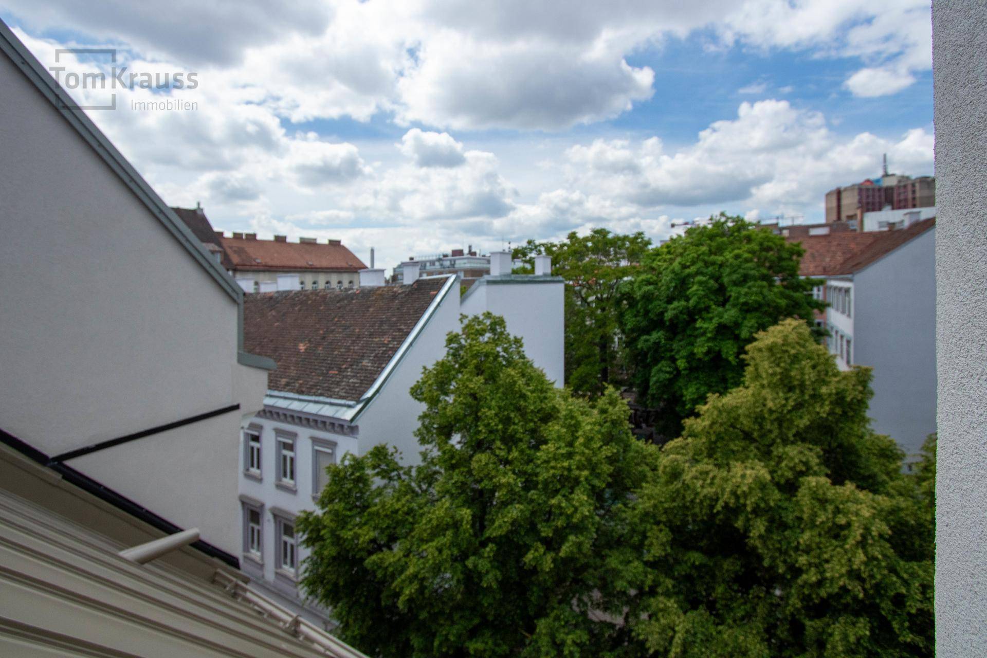 Grüner Ausblick auf Bäume und die Dächer der umliegenden Gebäude in der Stadt.