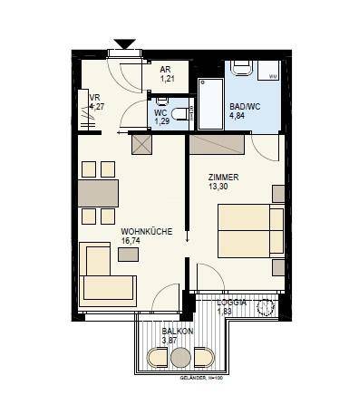 Grundriss einer Wohnung mit Wohnküche, Schlafzimmer, Bad, WC, Abstellraum und zwei Außenbereichen.