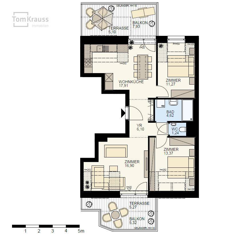 Grundriss einer Wohnung mit drei Zimmern, Wohnküche, Bad und zwei Terrassen.