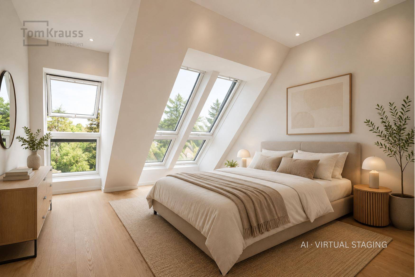 Helles Schlafzimmer mit Holzboden, Dachfenstern und Blick auf die umliegende Natur.