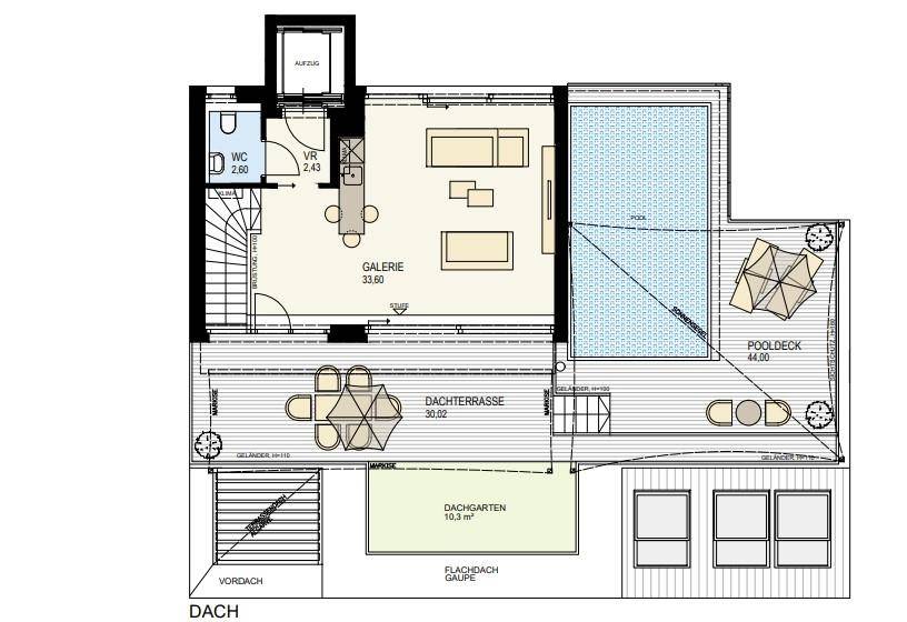 Grundriss der Dachebene mit Dachterrasse, Pool, Dachgarten und offenem Galeriebereich.