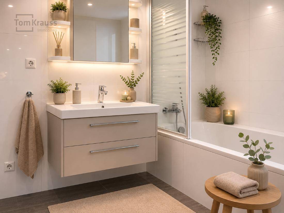 Modernes Badezimmer mit Waschtischunterschrank, Badewanne und Duschabtrennung.