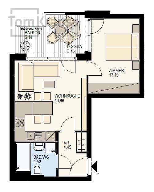 Grundriss einer Wohnung mit Wohnküche, Schlafzimmer, Bad/WC, Balkon und Loggia.