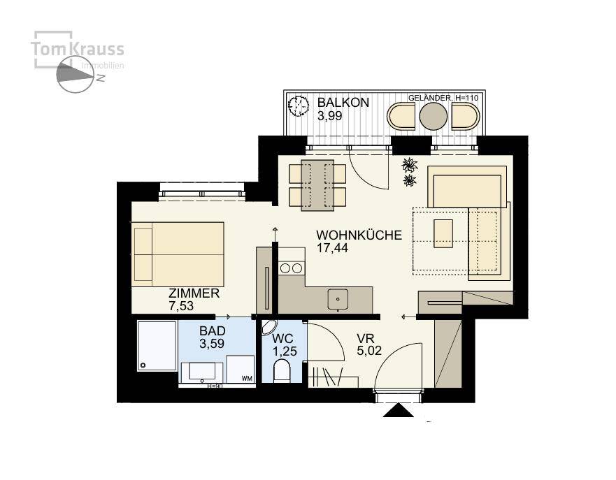 Grundriss einer Zweizimmerwohnung mit Wohnküche, Schlafzimmer, Bad, WC und Balkon.